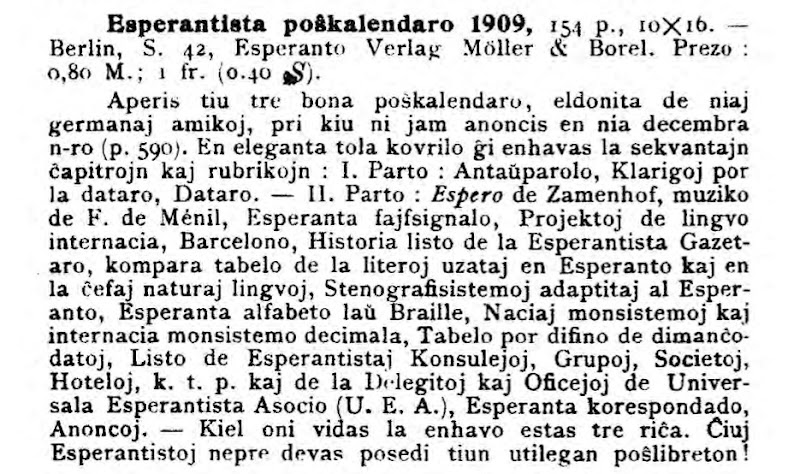 Esperantista poŝkalendaro, 1909